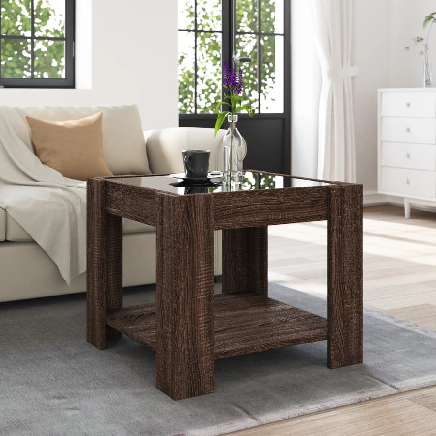 Salontafel met LED 53x53x45 cm bewerkt hout bruin eikenkleurig