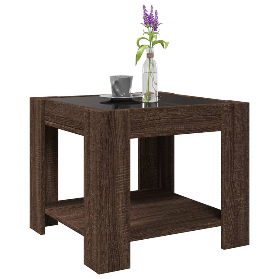 Salontafel met LED 53x53x45 cm bewerkt hout bruin eikenkleurig