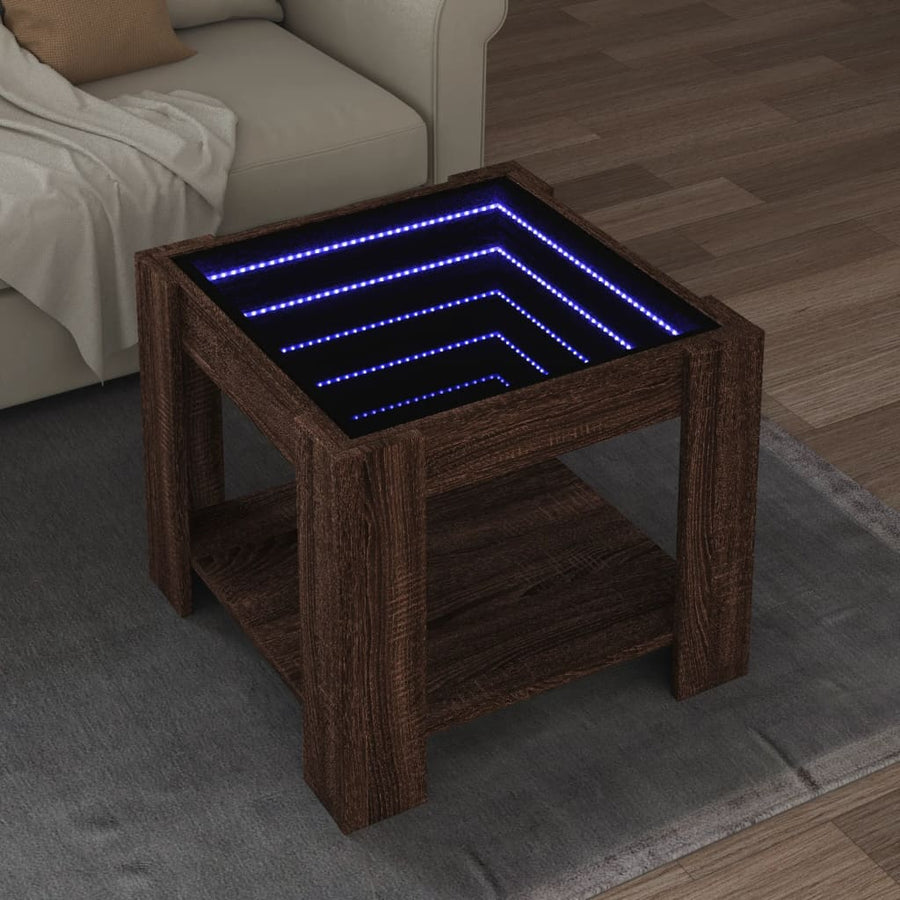 Salontafel met LED 53x53x45 cm bewerkt hout bruin eikenkleurig