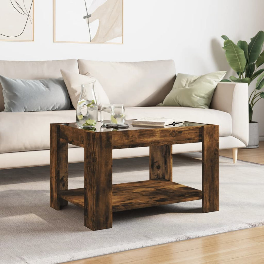 Salontafel met LED 73x53x45 cm bewerkt hout gerookt eikenkleur