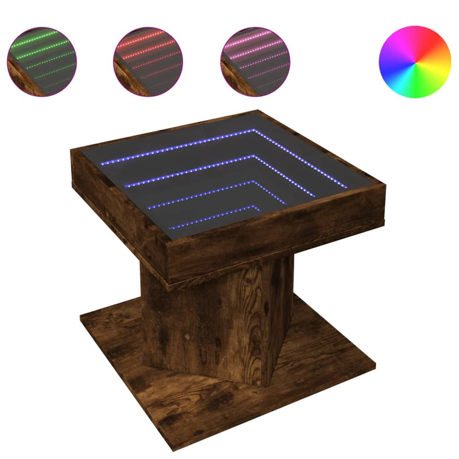 Salontafel met LED 50x50x45 cm bewerkt hout gerookt eikenkleur