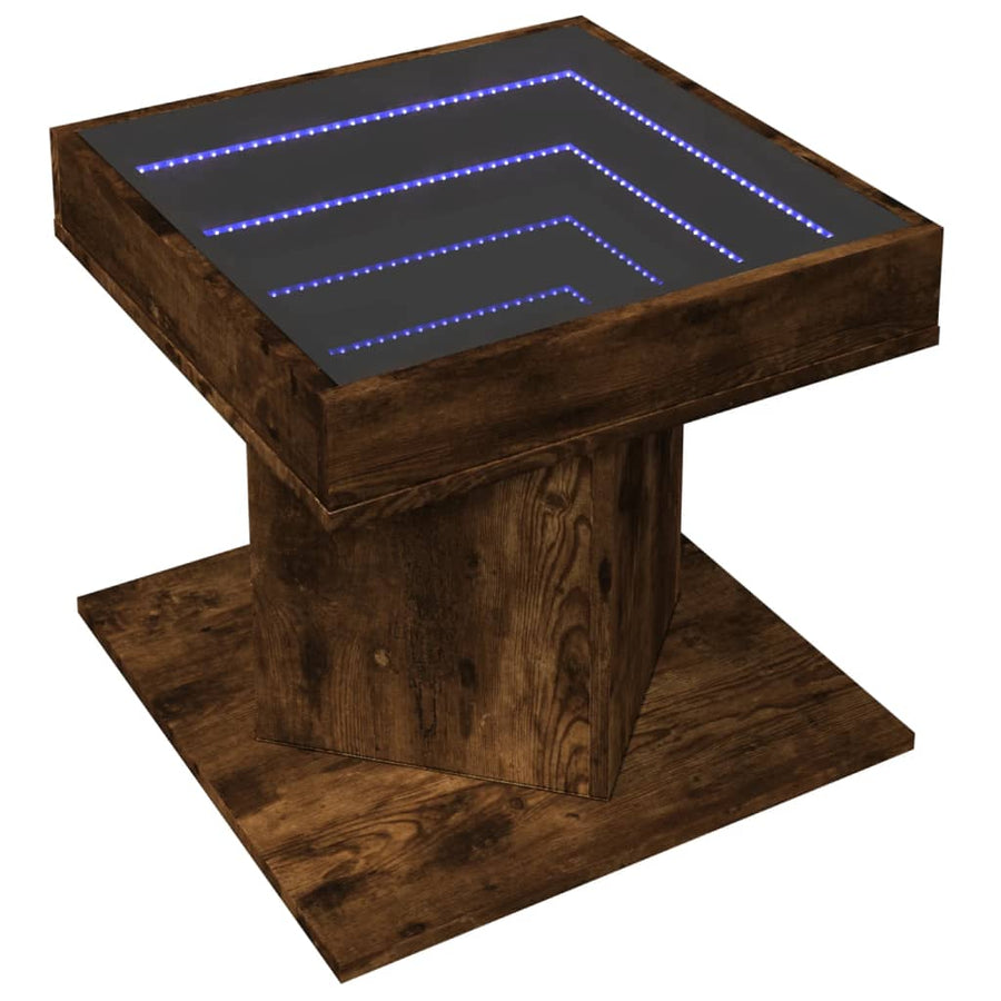 Salontafel met LED 50x50x45 cm bewerkt hout gerookt eikenkleur