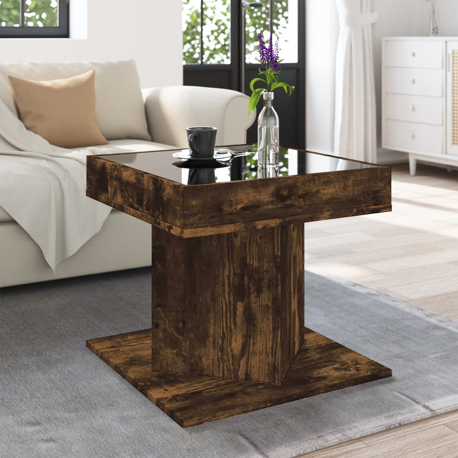 Salontafel met LED 50x50x45 cm bewerkt hout gerookt eikenkleur