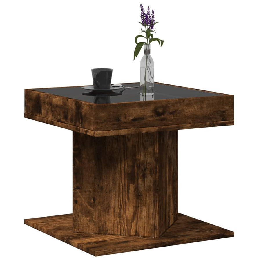 Salontafel met LED 50x50x45 cm bewerkt hout gerookt eikenkleur
