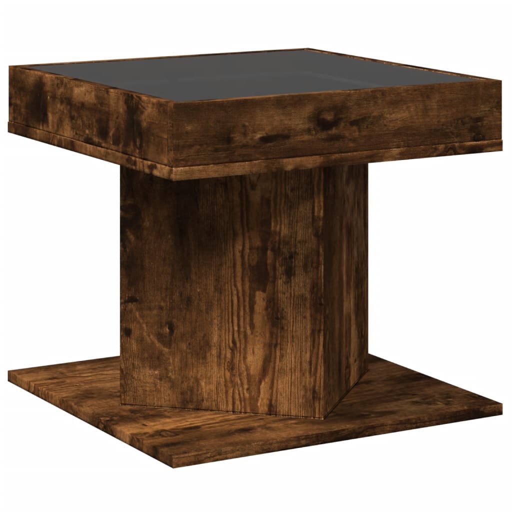 Salontafel met LED 50x50x45 cm bewerkt hout gerookt eikenkleur