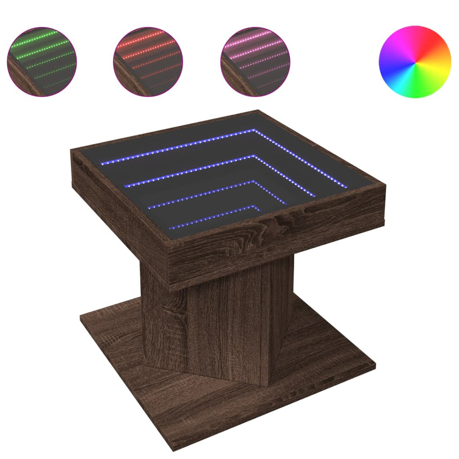 Salontafel met LED 50x50x45 cm bewerkt hout bruin eikenkleurig