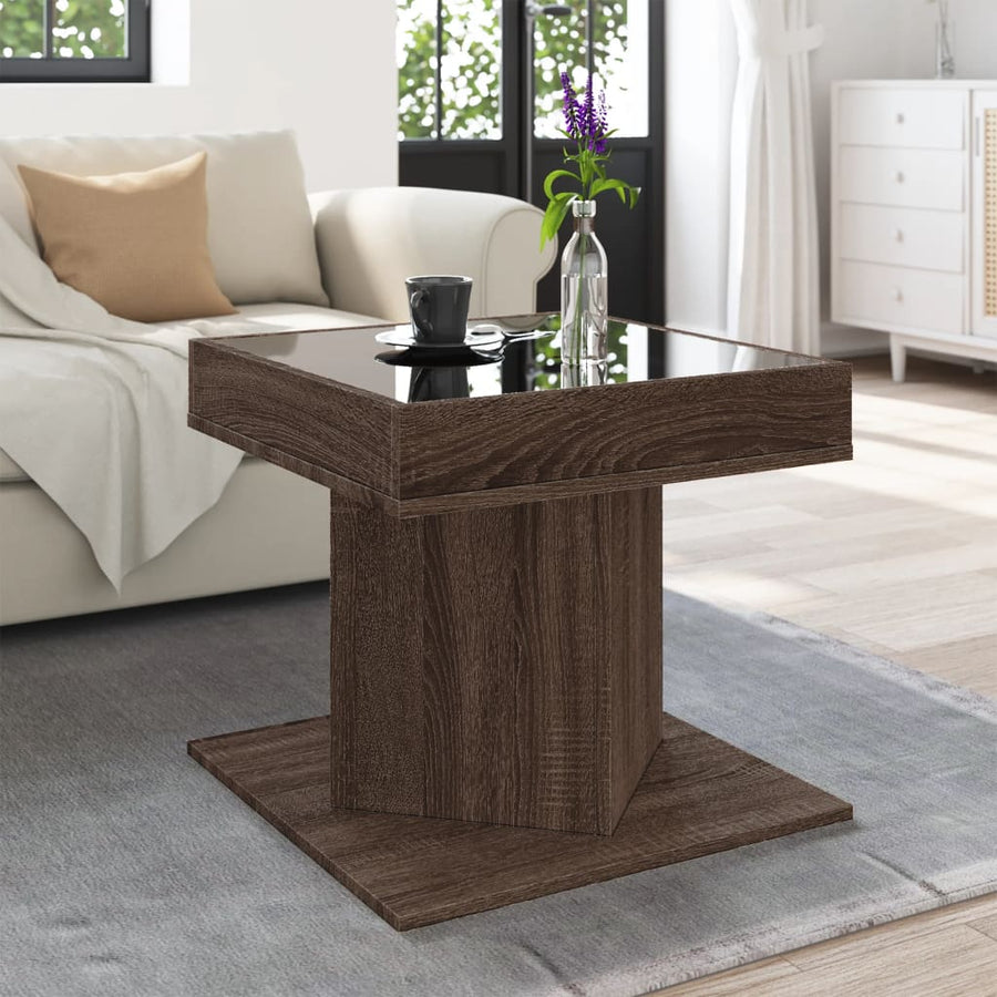 Salontafel met LED 50x50x45 cm bewerkt hout bruin eikenkleurig