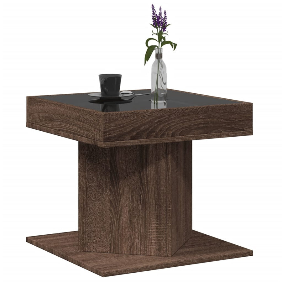 Salontafel met LED 50x50x45 cm bewerkt hout bruin eikenkleurig