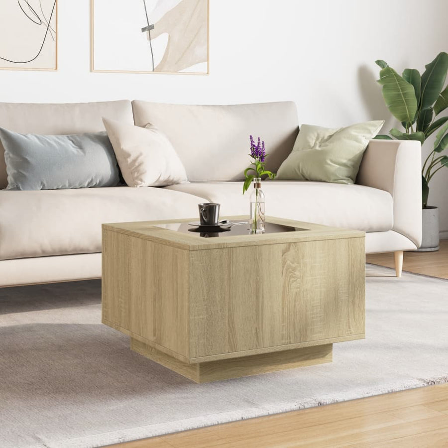 Salontafel met LED 60x60x40 cm bewerkt hout sonoma eikenkleurig