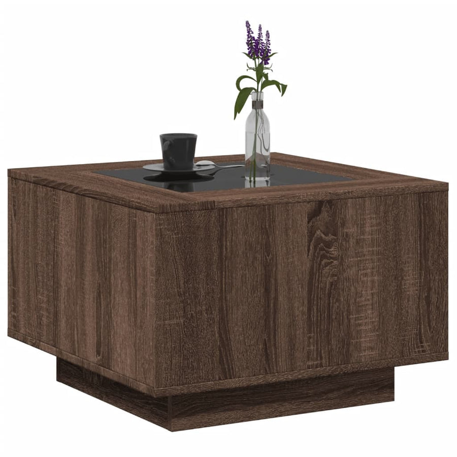 Salontafel met LED 60x60x40 cm bewerkt hout bruin eikenkleurig