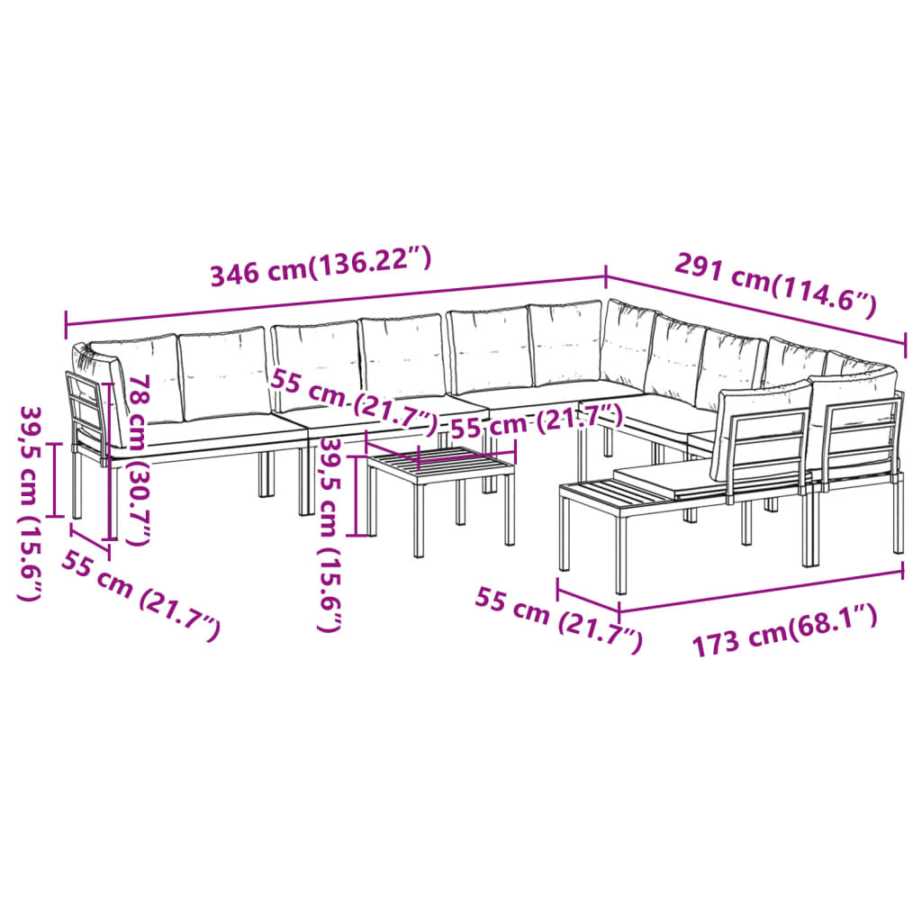 7-delige Loungeset met kussens gepoedercoat staal zwart