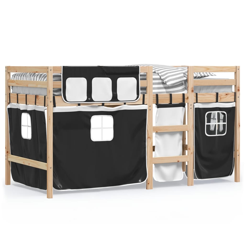 Kinderhoogslaper met gordijnen 90x200 cm grenenhout wit zwart