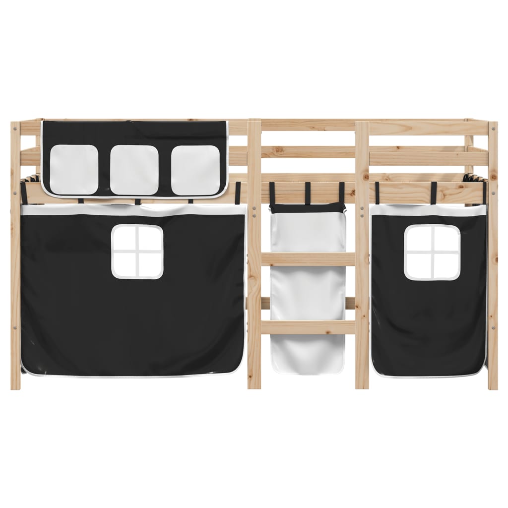 Kinderhoogslaper met gordijnen 90x200 cm grenenhout wit zwart