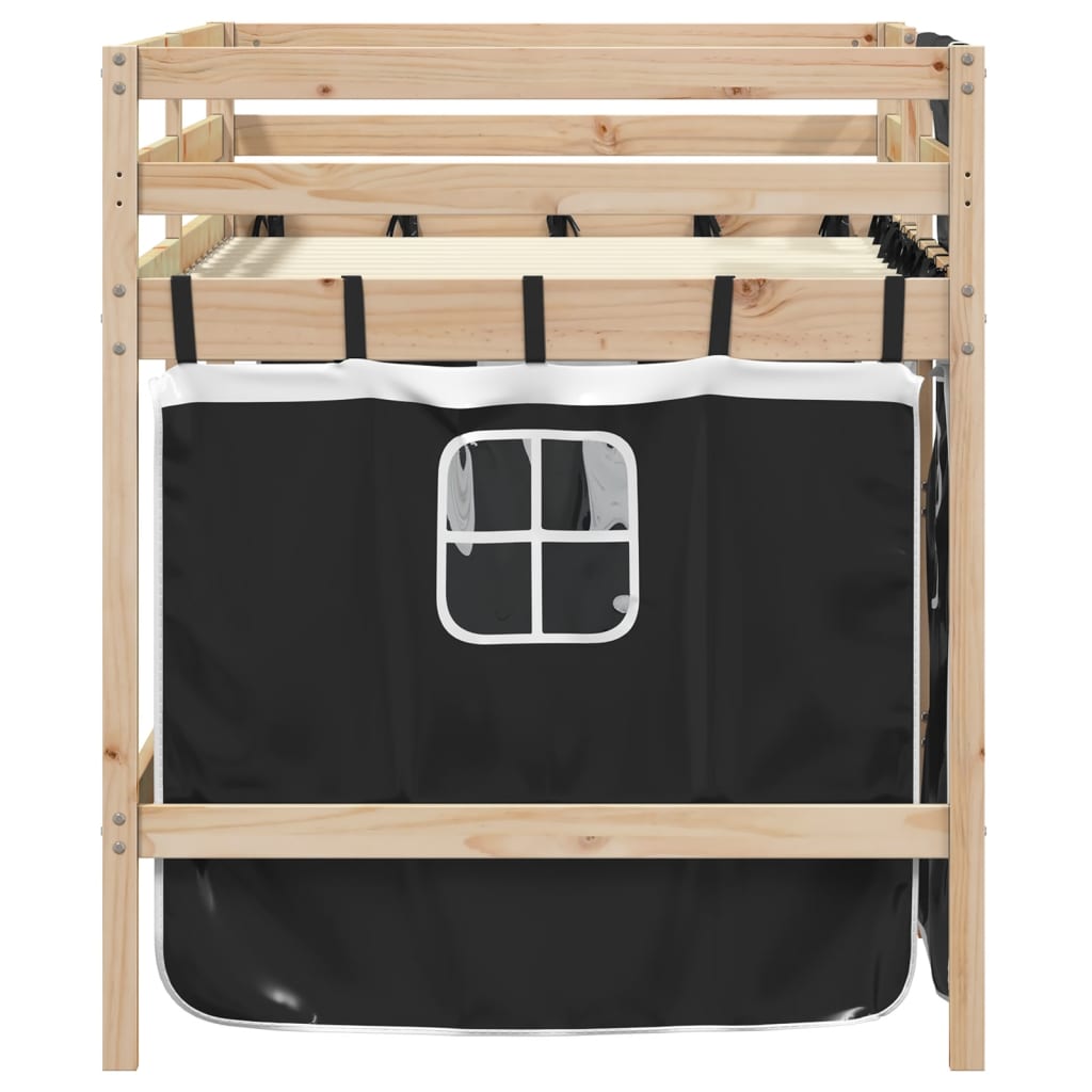 Kinderhoogslaper met gordijnen 90x200 cm grenenhout wit zwart