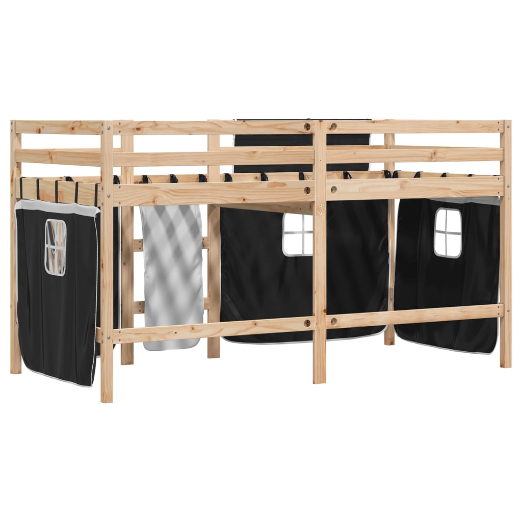 Kinderhoogslaper met gordijnen 90x200 cm grenenhout wit zwart