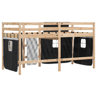 Kinderhoogslaper met gordijnen 90x200 cm grenenhout wit zwart