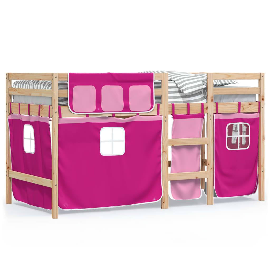 Kinderhoogslaper met gordijnen 90x200 cm grenenhout roze