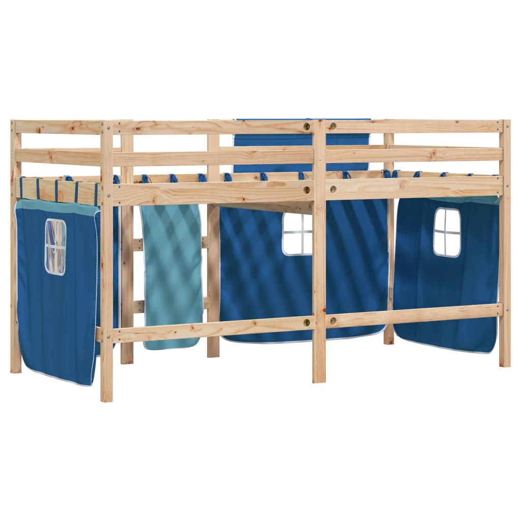 Kinderhoogslaper met gordijnen 90x190 cm grenenhout blauw