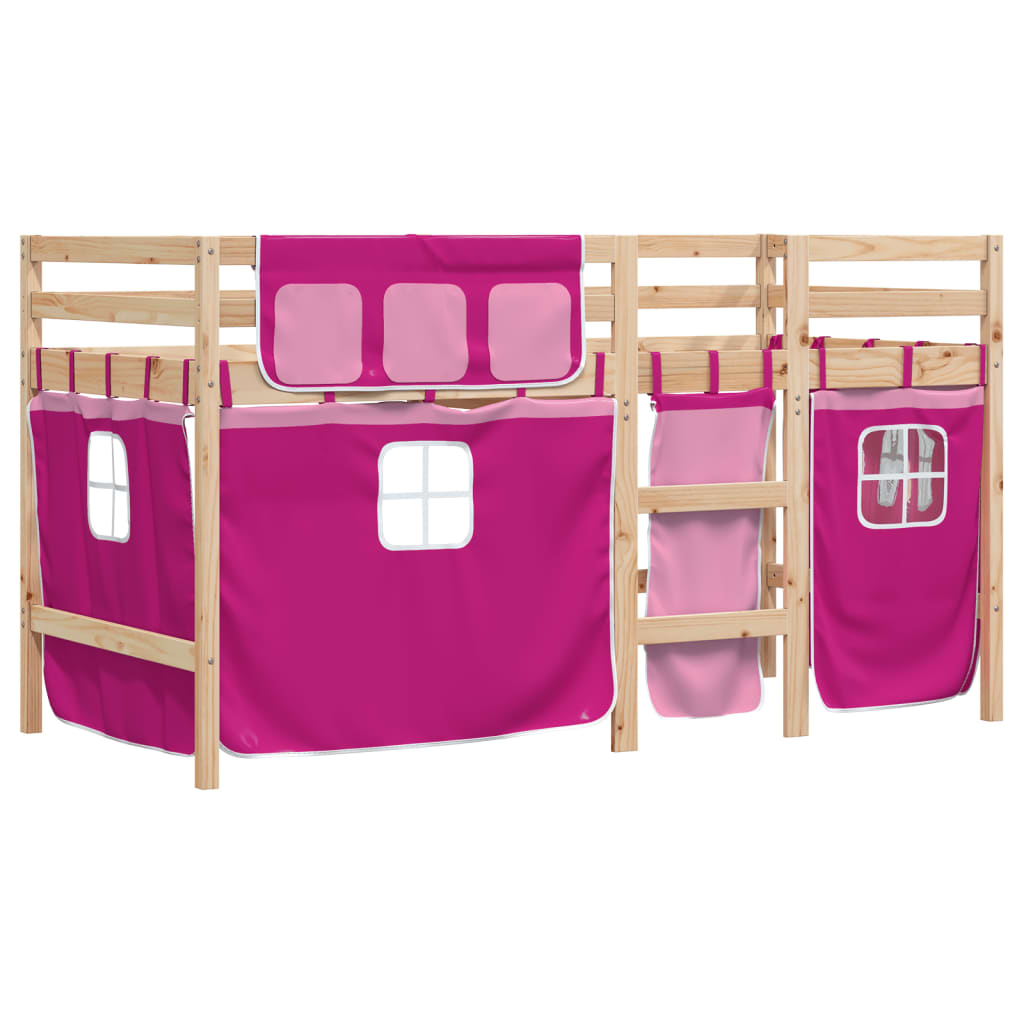 Kinderhoogslaper met gordijnen 90x190 cm grenenhout roze