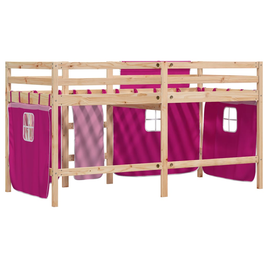 Kinderhoogslaper met gordijnen 90x190 cm grenenhout roze