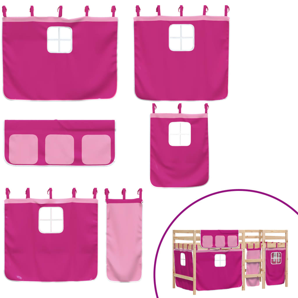 Kinderhoogslaper met gordijnen 90x190 cm grenenhout roze