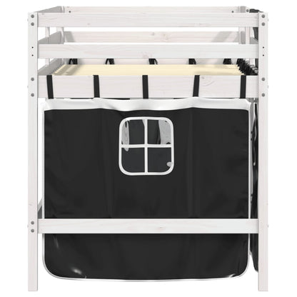 Kinderhoogslaper met gordijnen 90x190 cm grenenhout wit zwart