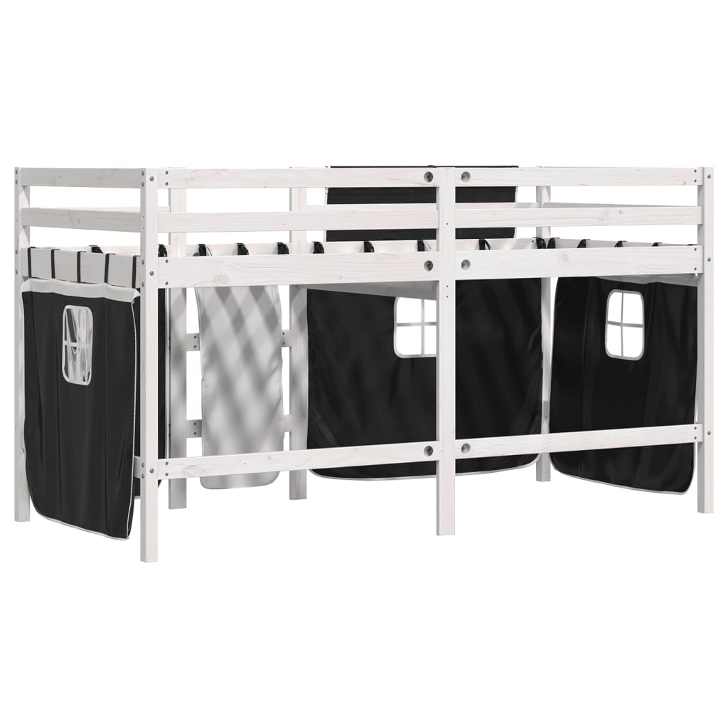 Kinderhoogslaper met gordijnen 90x190 cm grenenhout wit zwart