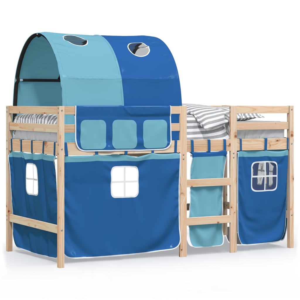 Kinderhoogslaper met tunnel 90x200 cm massief grenenhout blauw