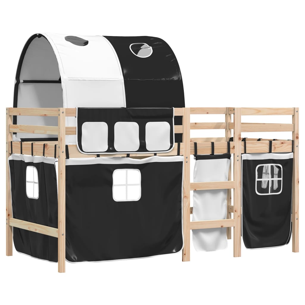 Kinderhoogslaper met tunnel 90x190 cm grenenhout wit en zwart
