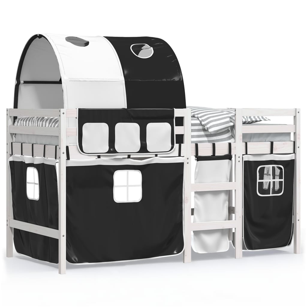 Kinderhoogslaper met tunnel 90x190 cm grenenhout wit en zwart