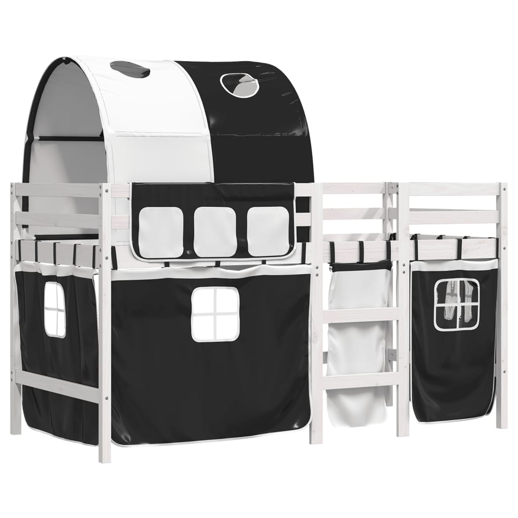 Kinderhoogslaper met tunnel 90x190 cm grenenhout wit en zwart
