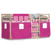 Stapelbed grenenhout 80x200 cm roze met gordijnen
