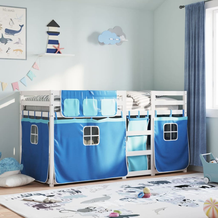 Stapelbed met gordijnen 80x200 cm massief grenenhout blauw