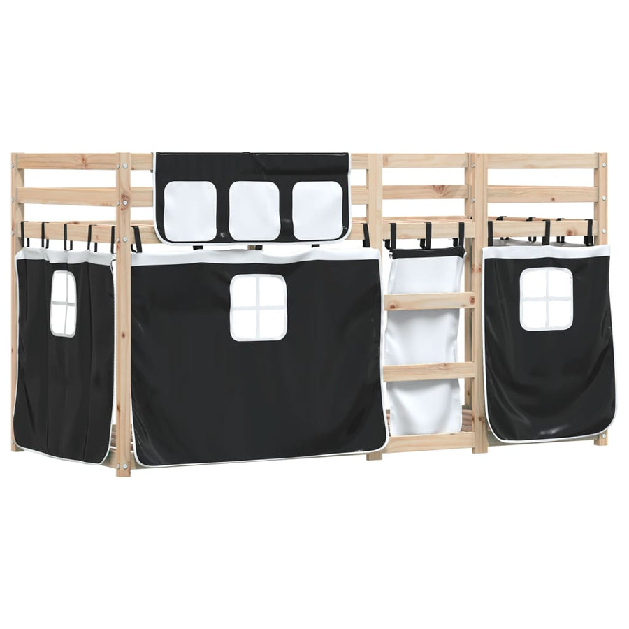 Stapelbed met gordijnen 90x190 cm grenenhout wit en zwart