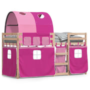Stapelbed 75x190 cm grenenhout roze met gordijnen