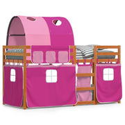 Stapelbed 80x200 cm grenenhout roze met gordijnen