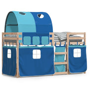 Stapelbed 90x190 cm massief grenenhout blauw met gordijnen
