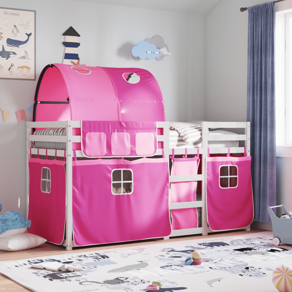 Stapelbed met gordijnen 90x190 cm grenenhout roze