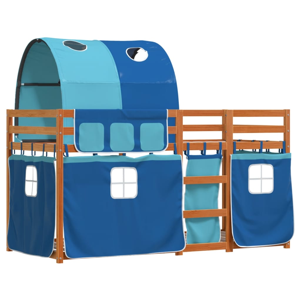 Stapelbed met gordijnen 90x200 cm massief grenenhout blauw