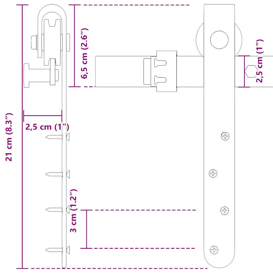 Ophangset voor schuifdeur 200 cm koolstofstaal
