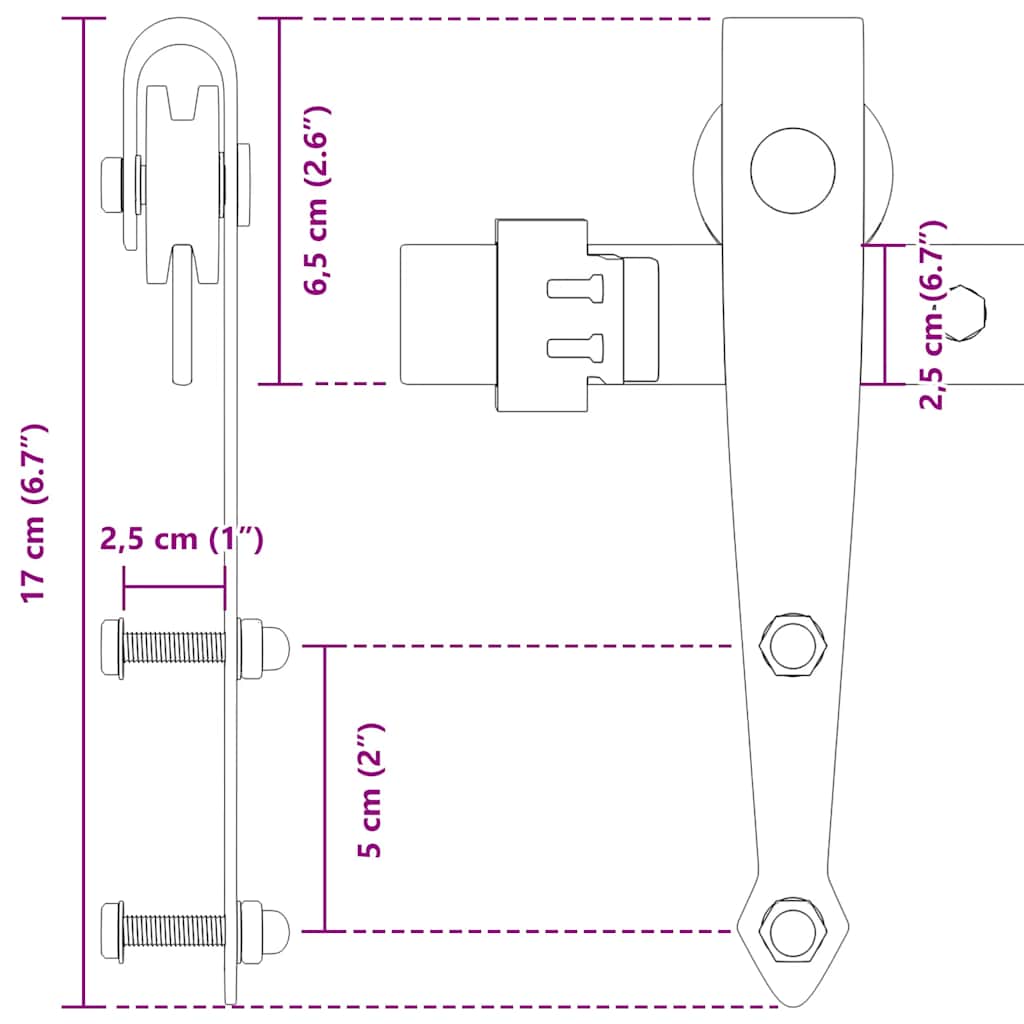 Ophangset voor schuifdeur 213 cm koolstofstaal