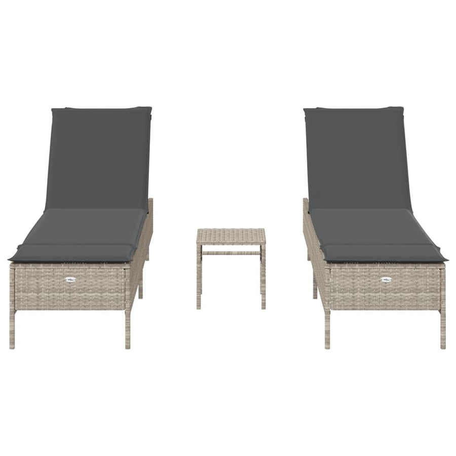 3-delige Ligbeddenset met kussens poly rattan lichtgrijs