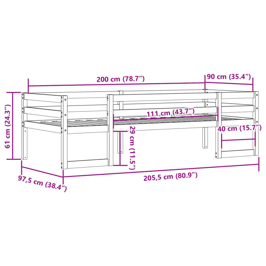 Kinderbedframe massief grenenhout wit 90x200 cm