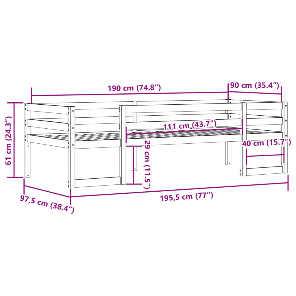 Kinderbedframe massief grenenhout wit 90x190 cm