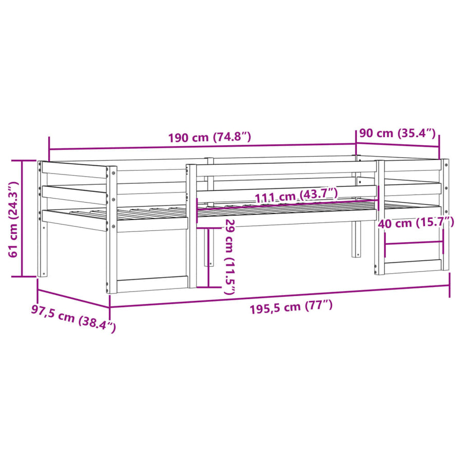 Kinderbedframe massief grenenhout wit 90x190 cm