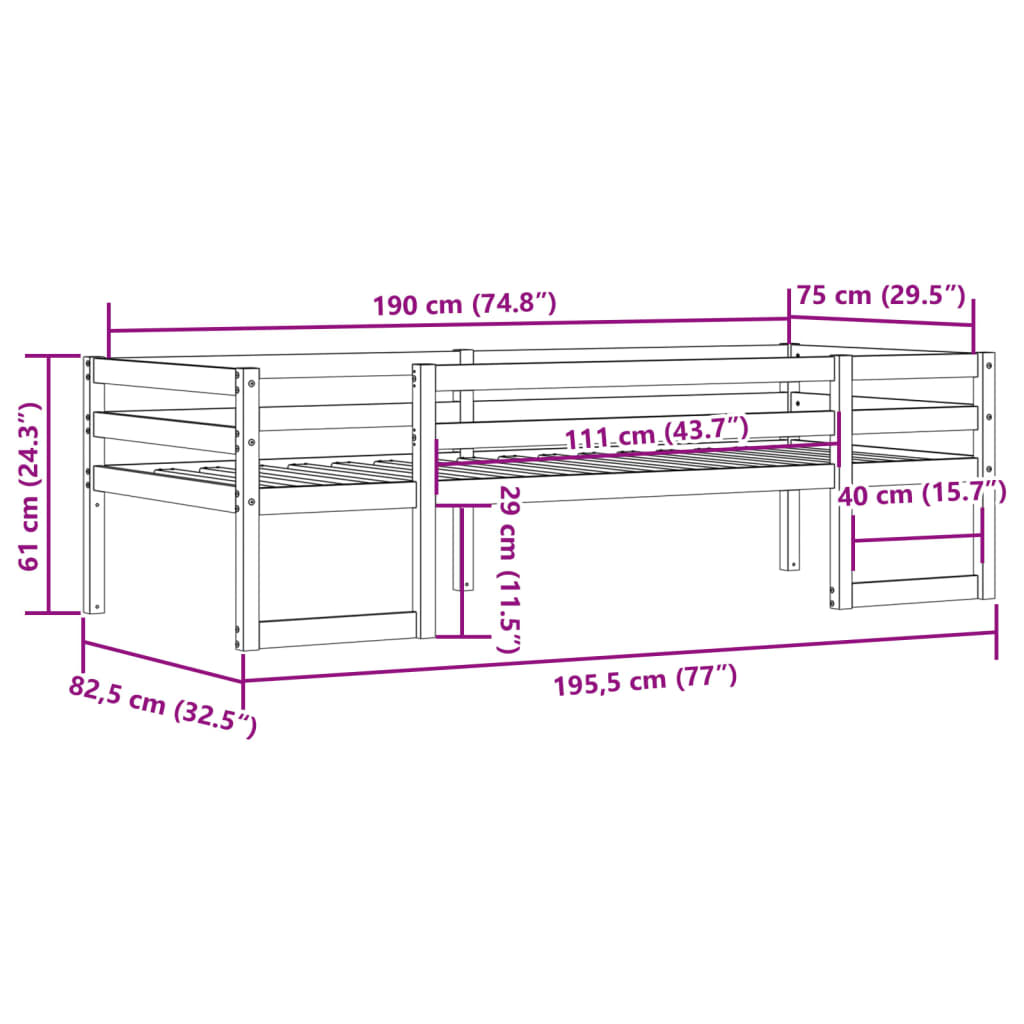 Kinderbedframe massief grenenhout 75x190 cm