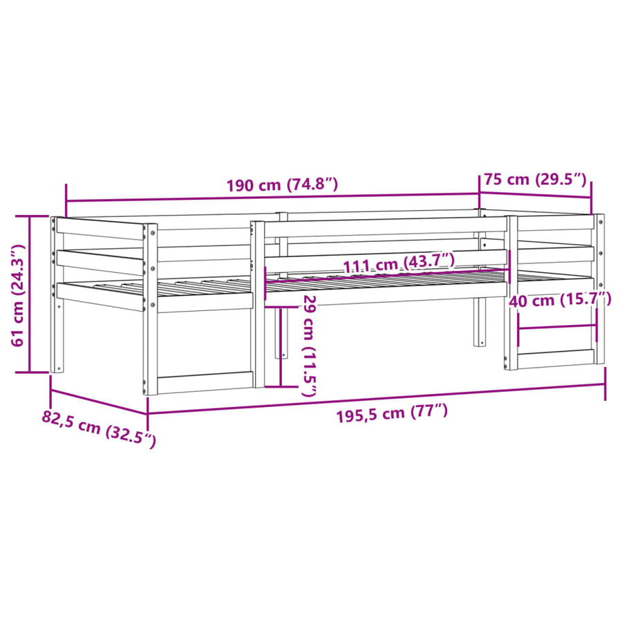 Kinderbedframe massief grenenhout wit 75x190 cm