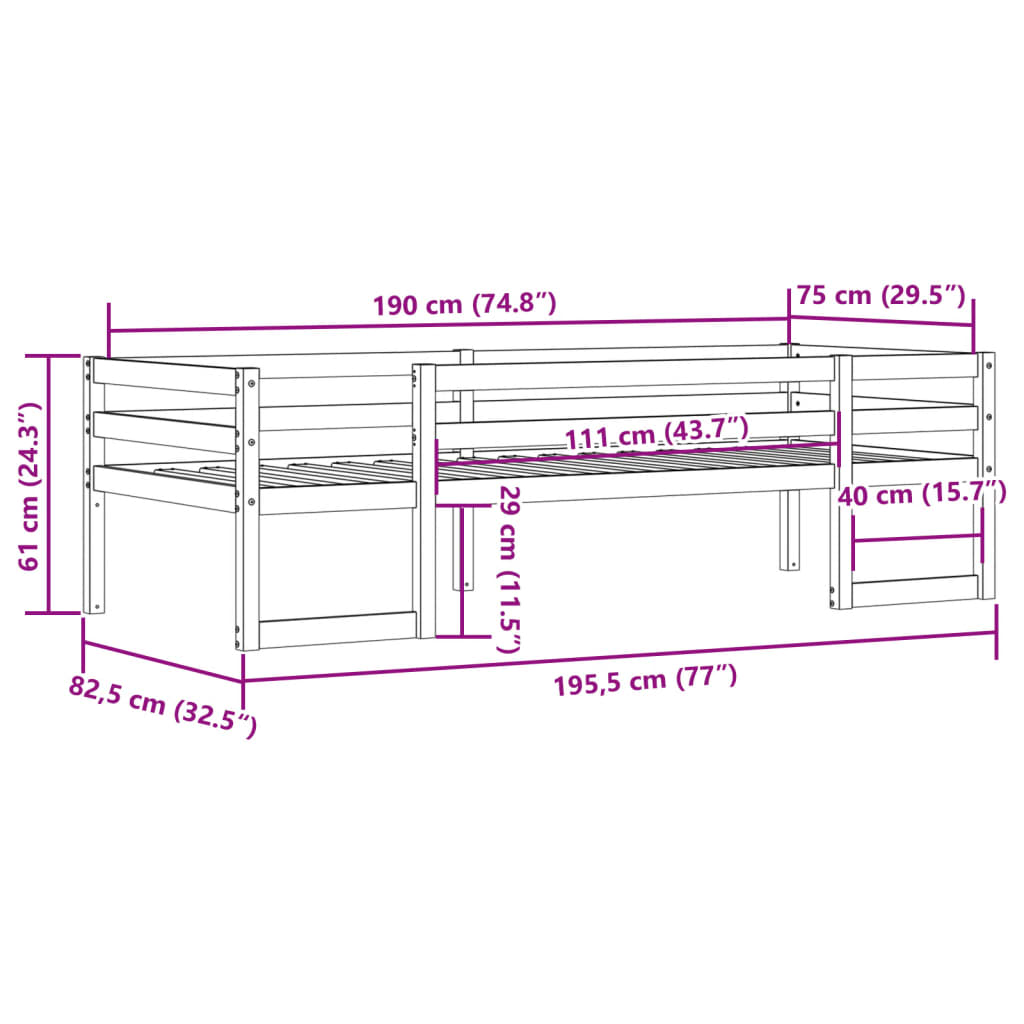 Kinderbedframe massief grenenhout wasbruin 75x190 cm