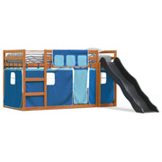 Stapelbed met glijbaan en gordijnen blauw 90x200 cm grenenhout