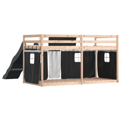 Stapelbed met glijbaan en gordijnen wit en zwart 90x190 cm